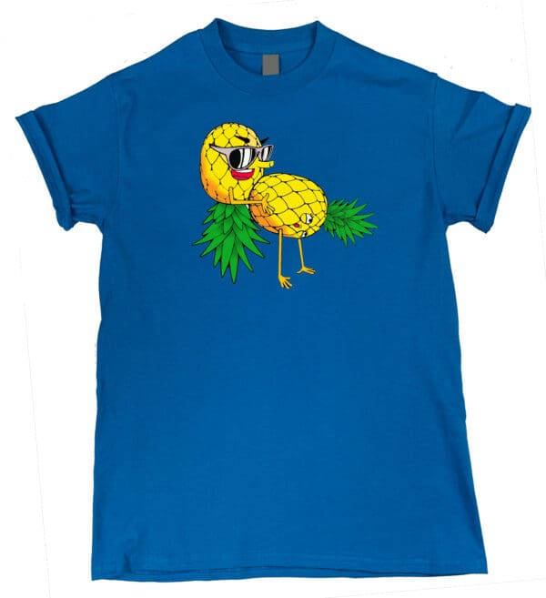 A blue "Pineapple Passion Fiesta" Tee with a cartoon pineapple on it.