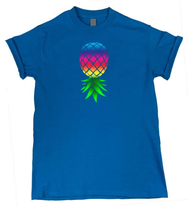 A blue Upside-Down Pineapple Playground tee with a colorful pineapple on it.