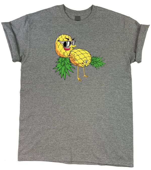 A gray "Pineapple Passion Fiesta" tee.