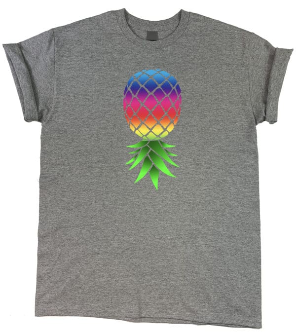 A grey "Upside-Down Pineapple Playground" Tee.