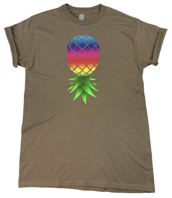 A brown "Upside-Down Pineapple Playground" tee with a colorful pineapple on it.