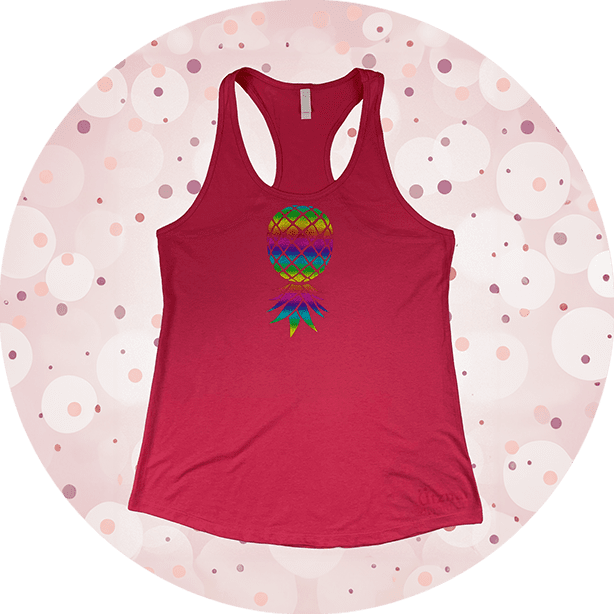 A red tank top with a rainbow design on it.