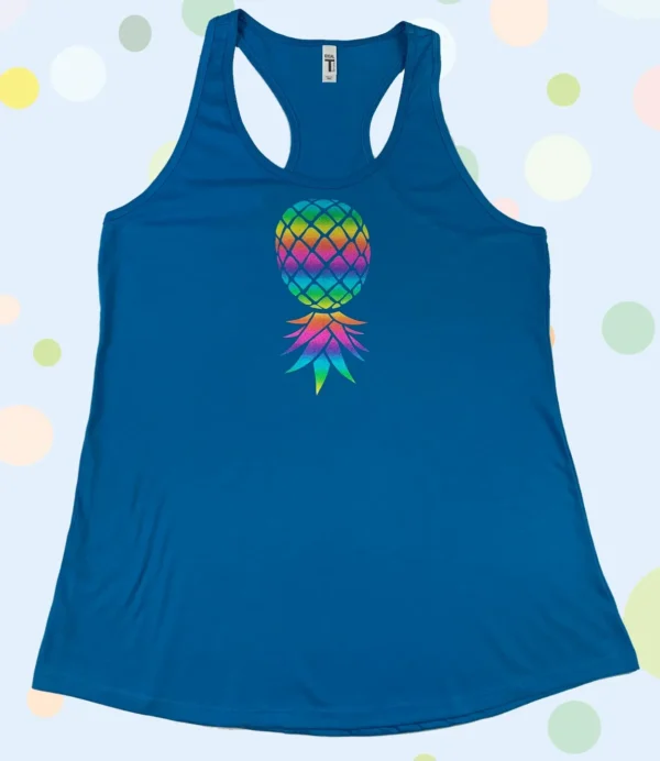 A blue tank top with a pineapple on it.