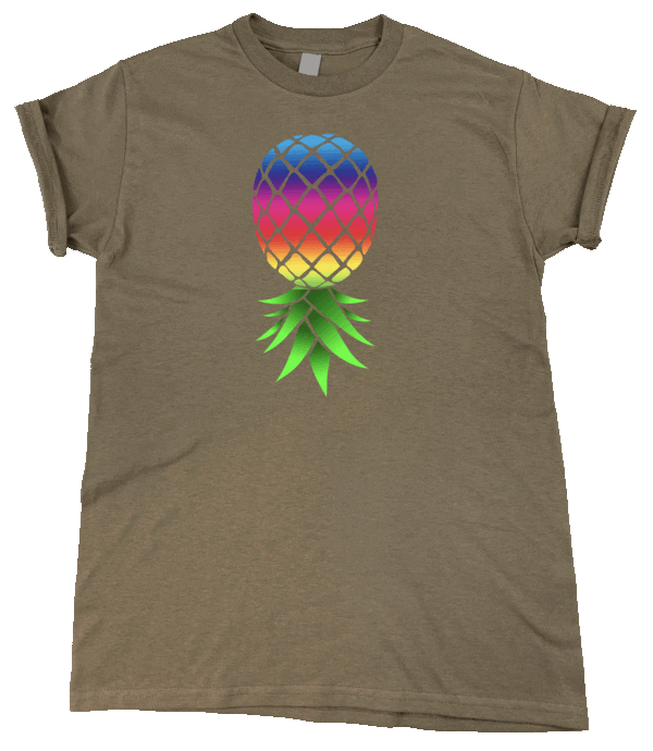 A women's t - shirt with a colorful pineapple on it.