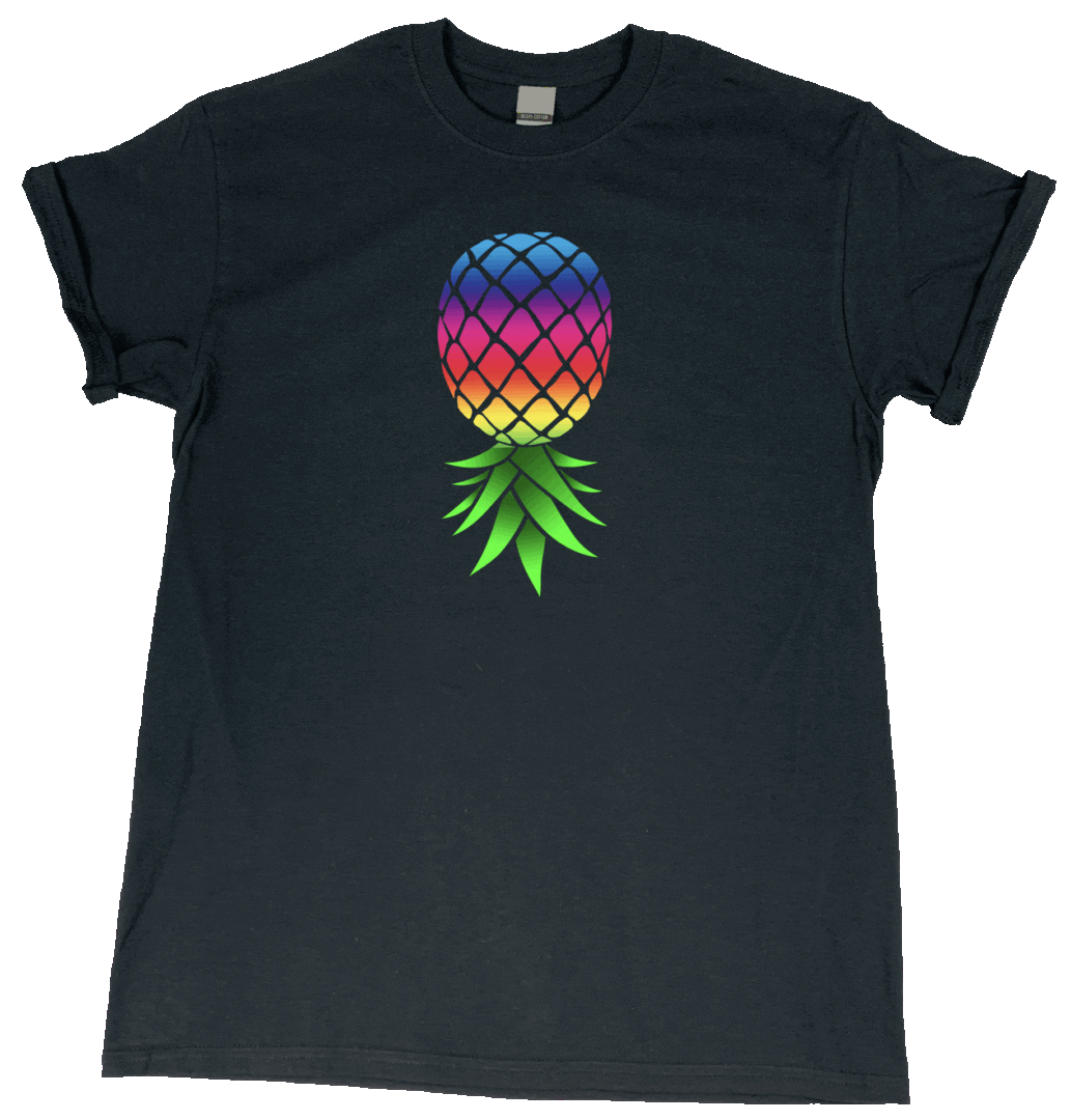 A black t - shirt with a rainbow pineapple on it.