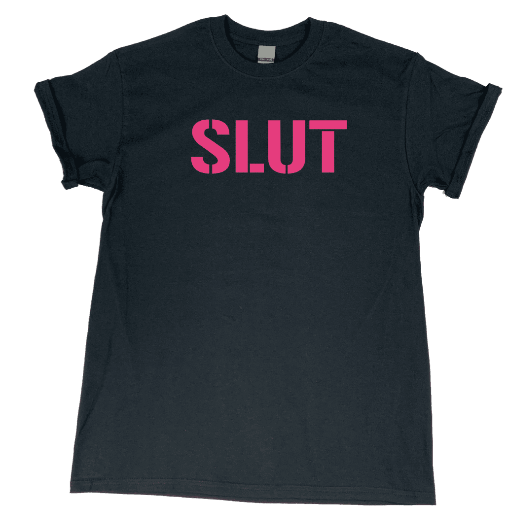 A black t - shirt with the word slut in pink.