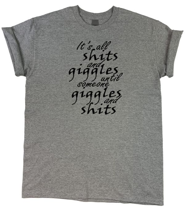 Here's an alt tag for the image: Grey t-shirt with funny saying.